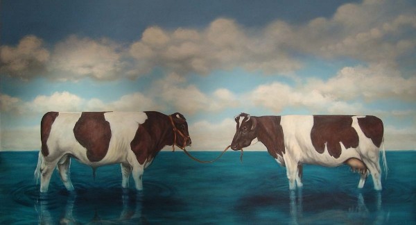 Zwei Rinder bis zu den Knien im Wasser, die Kuh hat den Bullen am Halfter, Titel: Komm! Jetzt! Painting by Mitsch Thomas www.realerrealativismus.de